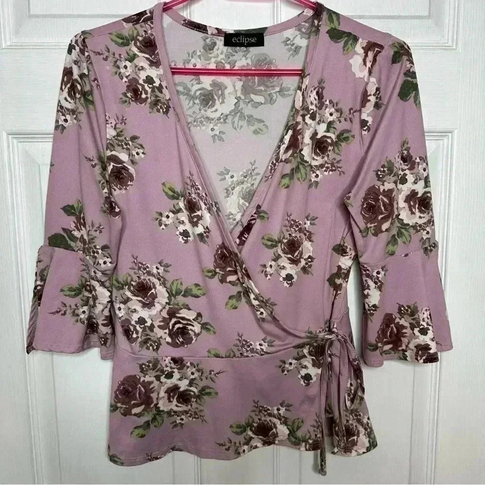 Eclipse Wrap Top  Floral Pink / Mauve Size Medium